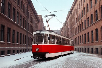 Red Tram in Snowy Brick Alley