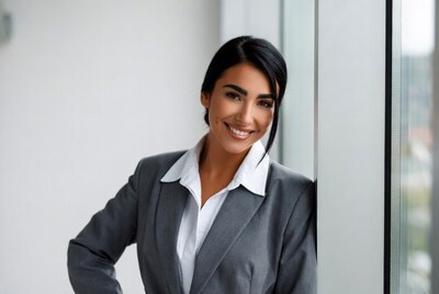 Smiling woman in gray suit by window