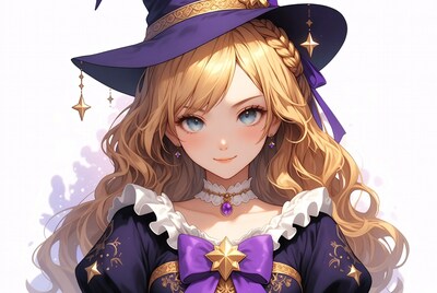 Blonde anime girl in purple witch hat