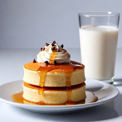 Fluffy Pancakes with Whipped Cream and Milk