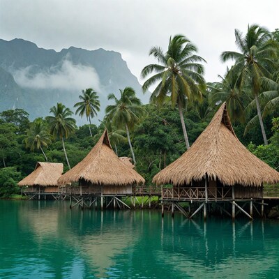 Overwater thatched huts on turquoise lake