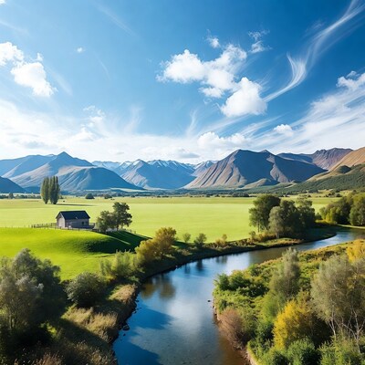 Cabin by river in mountain valley
