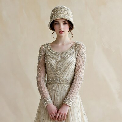 Woman in Beaded Flapper Dress and Cloche Hat