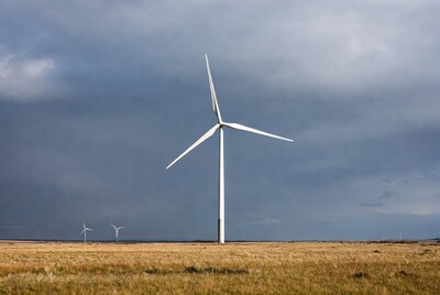 Wind Turbines in Grassy Field