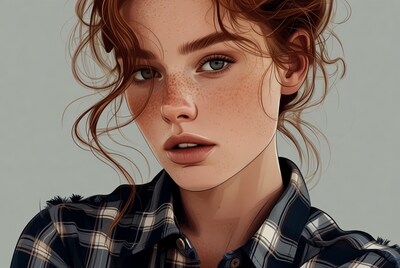 Redhead woman in plaid shirt portrait