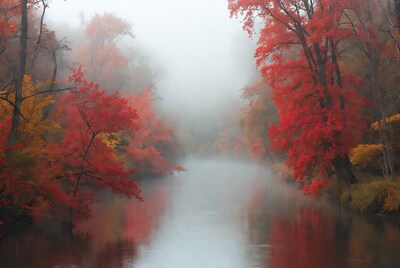 Red Autumn Trees Along Misty River