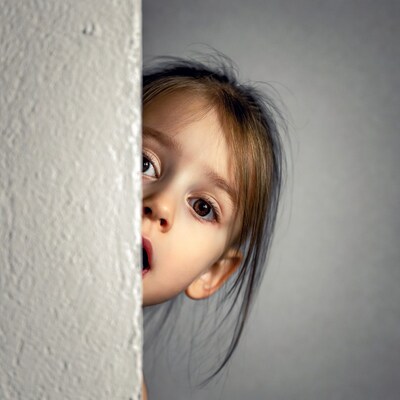 Girl peeking from behind wall