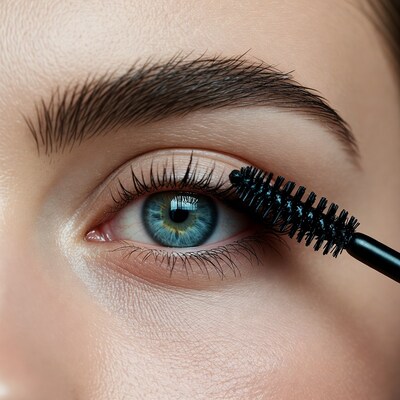 Woman applying mascara to blue eye