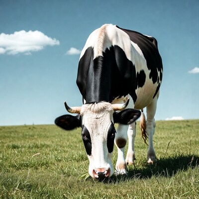 Holstein cow grazing in green field