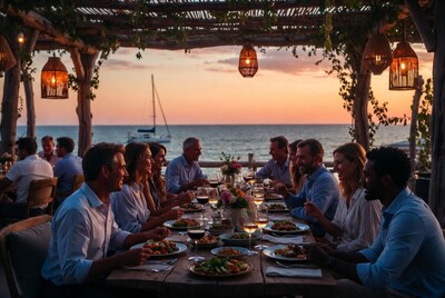 Group dining at beach sunset table