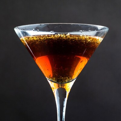Martini Glass with Amber Drink and Herbs