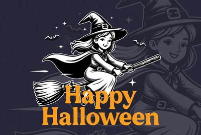 Cartoon girl witch flying on broom