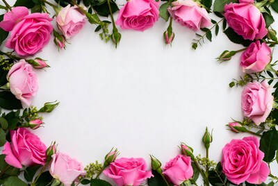 Pink Roses Border on White Background