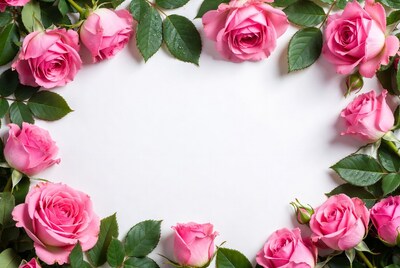 Pink Roses Border on White Background