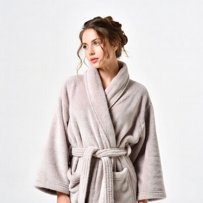 Woman in gray bathrobe