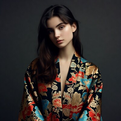 Woman in floral kimono robe