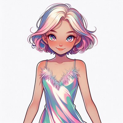 Anime girl with rainbow hair in slip dress