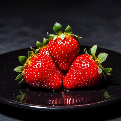 Three Strawberries on Black Plate
