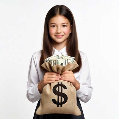Asian girl holding money bag