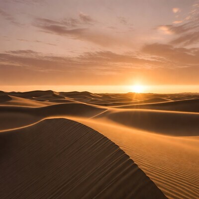 Sunset over desert sand dunes