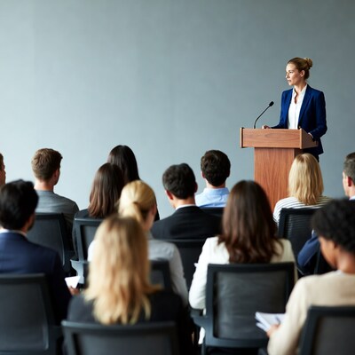 Woman speaking at podium to audience