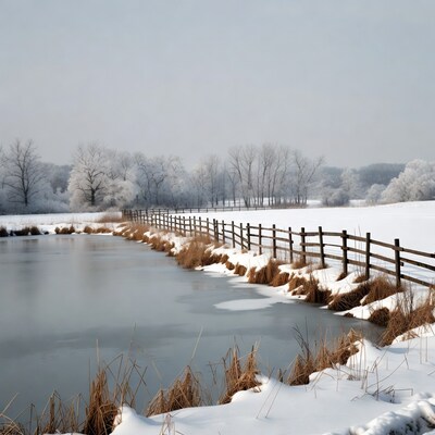 Snowy Fence Along Frozen Pond