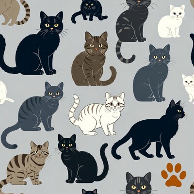 Colorful Cat Illustration Seamless Pattern