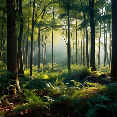 Sunlit Fern Forest with Tall Trees