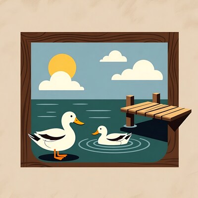 Ducks at wooden pier sunset