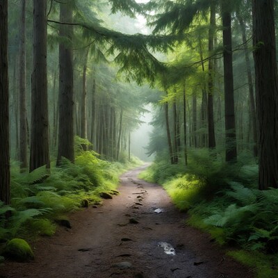 Forest Path Through Tall Trees