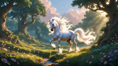 Majestic White Unicorn in Enchanted Forest