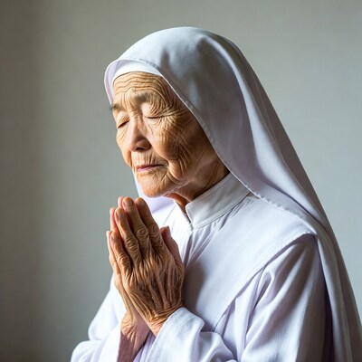 Elderly Asian nun praying
