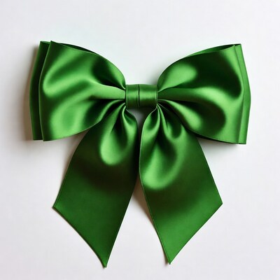 Green Satin Bow on White Background