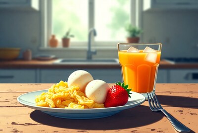 Scrambled Eggs with Poached Eggs and Orange Juice