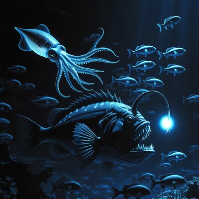 Anglerfish Squid School Deep Sea