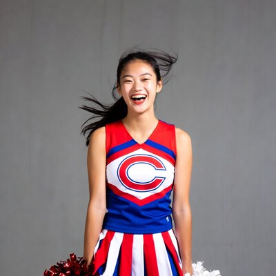 Asian cheerleader smiling with pom poms