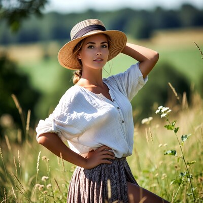 Woman in straw hat in field
