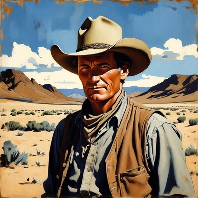 Cowboy in desert with mountains