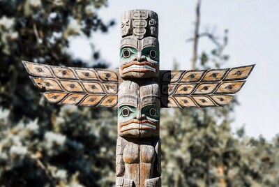 Totem Pole with Eagle Faces in Forest