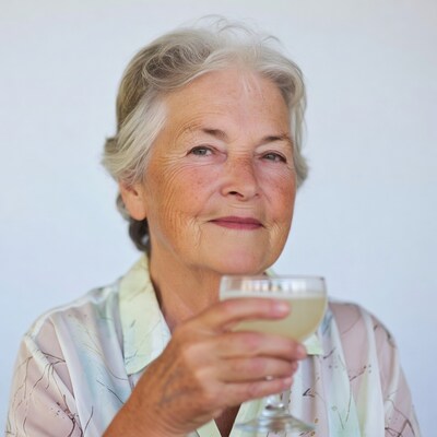 Elderly woman holding wine glass