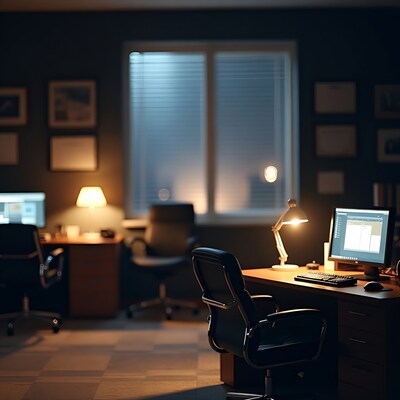 Modern office desk at night