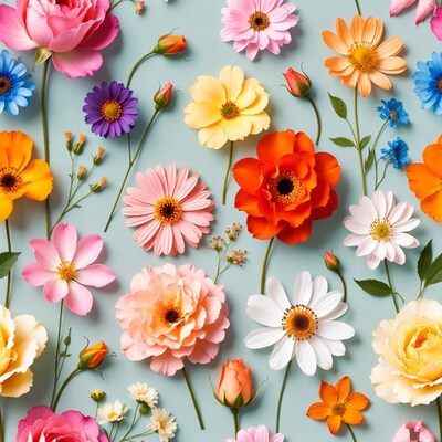 Colorful Flowers on Blue Background