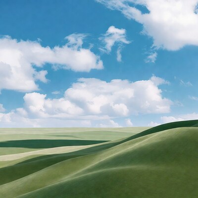 Green rolling hills under blue sky
