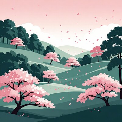 Cherry Blossom Trees in Hilly Landscape