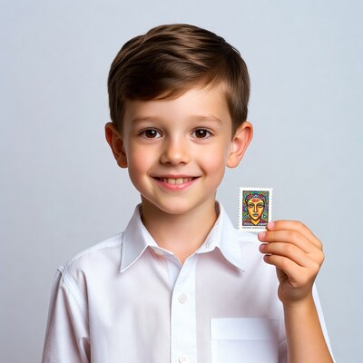 Boy holding colorful stamp
