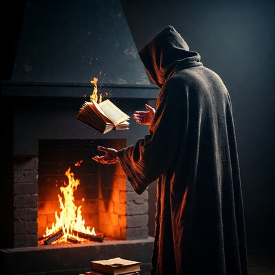 Hooded Wizard Levitating Flaming Book