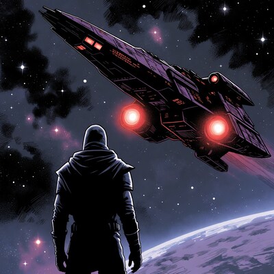 Silhouetted man viewing spaceship in space