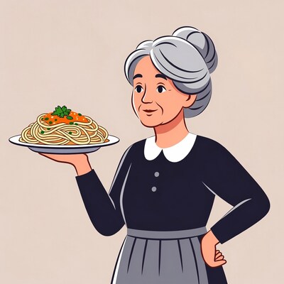 Elderly woman holding spaghetti plate