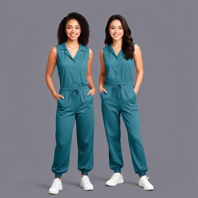 Two women in teal jumpsuits smiling