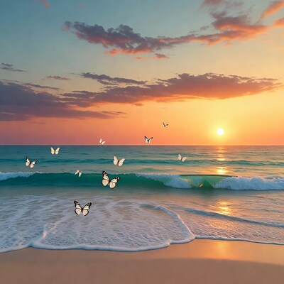 Butterflies over sunset beach